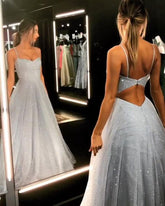 BMbride Open Back Spaghetti Strap Sequin Prom Dresses Ice Blue Sexy Evening Gowns BMbride